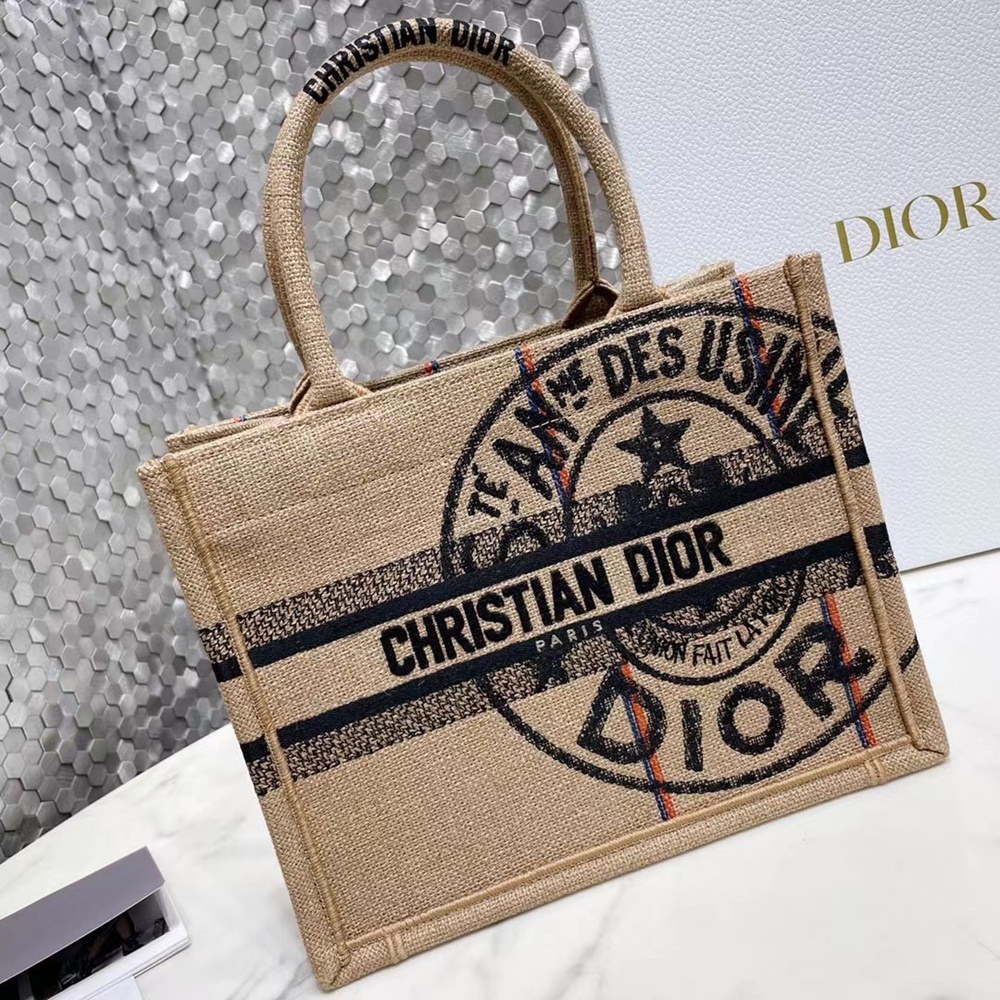 Dior Small Book Tote Bag In Beige Jute Canvas With Dior Union Motif CDBS2822