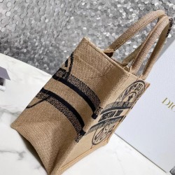 Dior Small Book Tote Bag In Beige Jute Canvas With Dior Union Motif CDBS2822