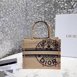 Dior Small Book Tote Bag In Beige Jute Canvas With Dior Union Motif CDBS2822