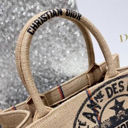 Dior Small Book Tote Bag In Beige Jute Canvas With Dior Union Motif CDBS2822