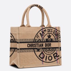 Dior Small Book Tote Bag In Beige Jute Canvas With Dior Union Motif CDBS2822