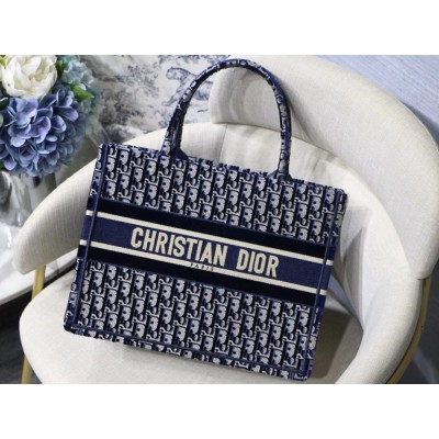 Dior Small Book Tote Bag In Blue Oblique Embroidered Velvet CDBS2824