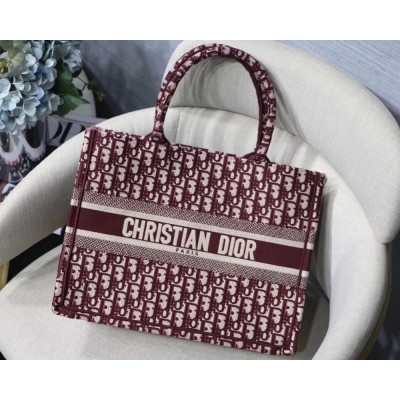 Dior Small Book Tote Bag In Bordeaux Oblique Canvas CDBS2826