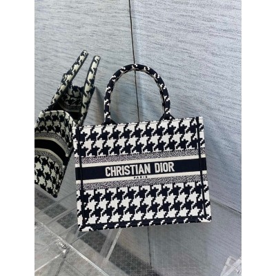 Dior Small Book Tote Bag In Micro Houndstooth Embroidery CDBS2833