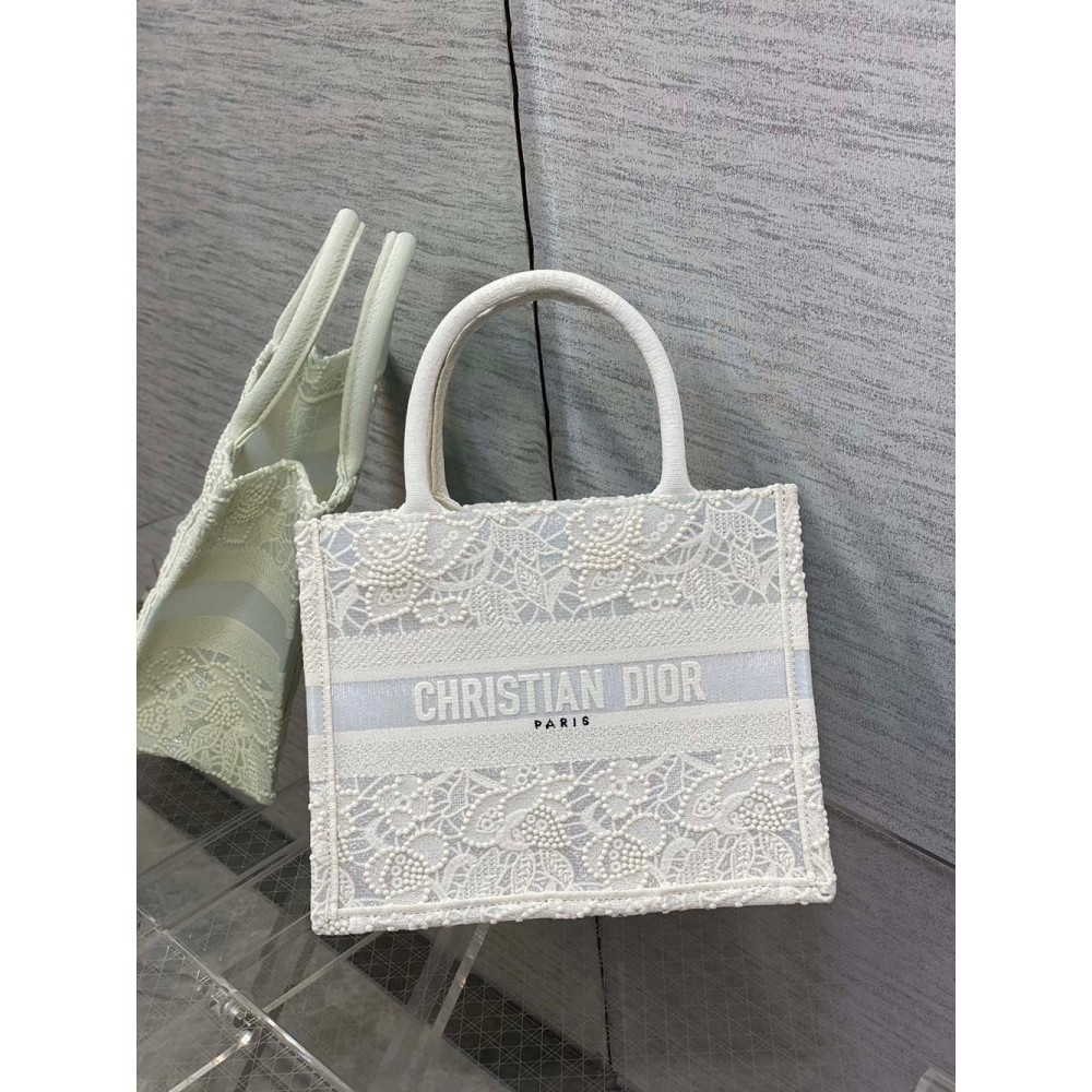 Dior Small Book Tote Bag In Natural Macrame-Effect Embroidery CDBS2834