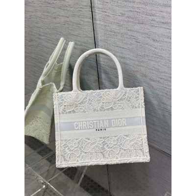 Dior Small Book Tote Bag In Natural Macrame-Effect Embroidery CDBS2834