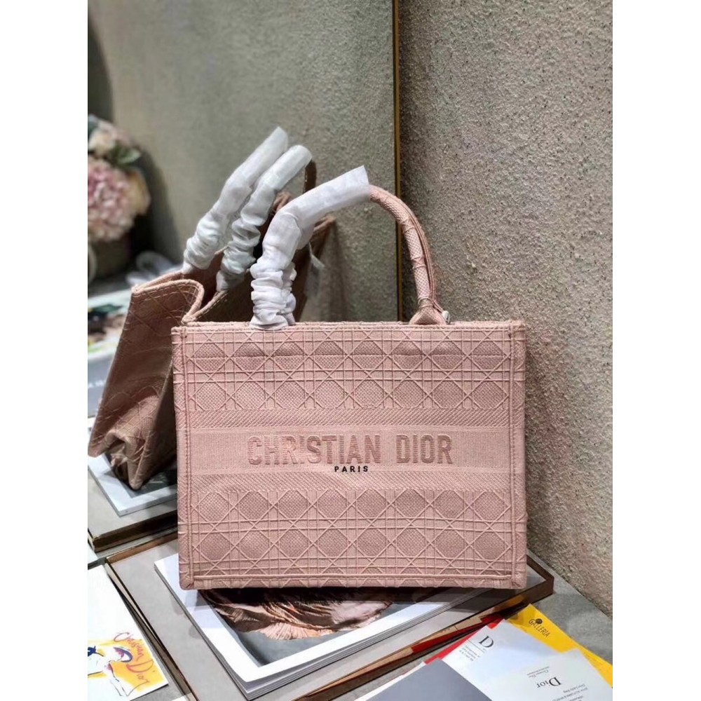 Dior Small Book Tote Bag In Pink Cannage Embroidery CDBS2123