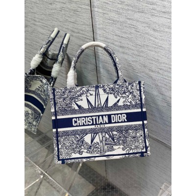 Dior Small Book Tote Bag In White & Blue Reve d'Infini Embroidery CDBS2838