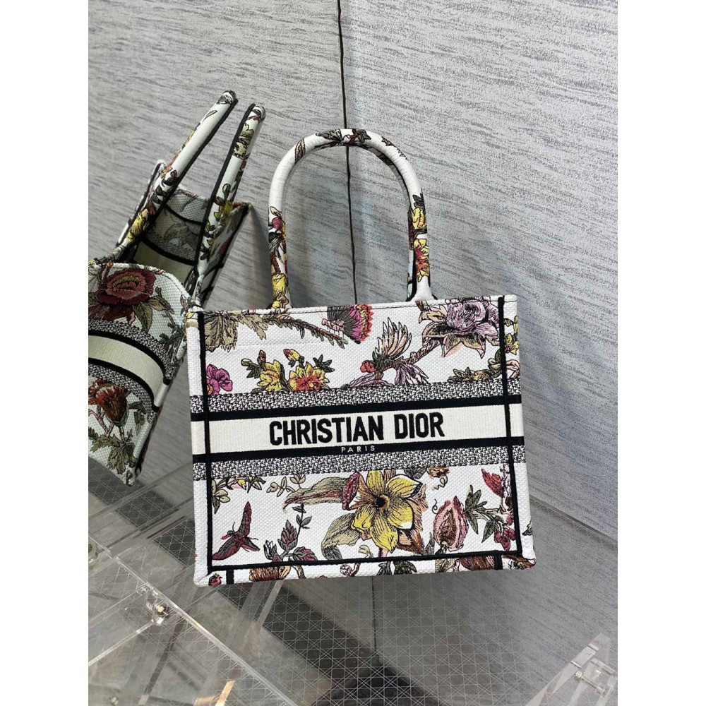 Dior Small Book Tote Bag In White Multicolor Jardin Botanique Embroidery CDBS2840