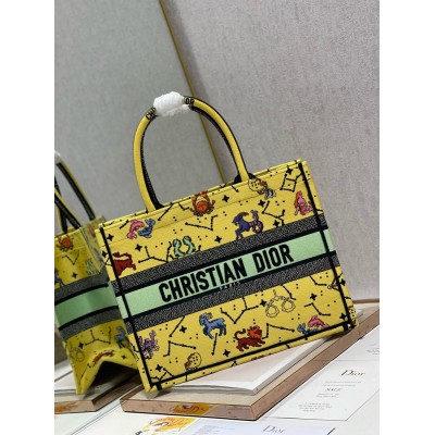 Dior Small Book Tote Bag In Yellow Multicolor Pixel Zodiac Embroidery CDBS2842