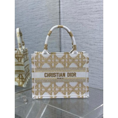 Dior Small Book Tote Bag in White and Gold Macrocannage Embroidery CDBS2837