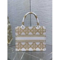 Dior Small Book Tote Bag in White and Gold Macrocannage Embroidery CDBS2837