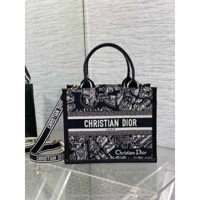 Dior Small Book Tote Bag With Strap in Plan de Paris Embroidery and Black Calfskin CDBS2847