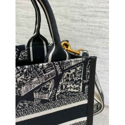 Dior Small Book Tote Bag With Strap in Plan de Paris Embroidery and Black Calfskin CDBS2847