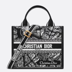 Dior Small Book Tote Bag With Strap in Plan de Paris Embroidery and Black Calfskin CDBS2847