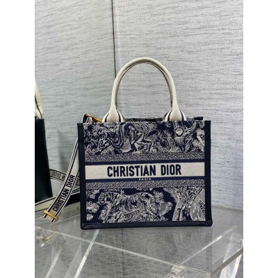 Dior Small Book Tote Bag With Strap in Toile de Jouy Reverse Embroidery and Blue Calfskin CDBS2848