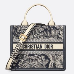 Dior Small Book Tote Bag With Strap in Toile de Jouy Reverse Embroidery and Blue Calfskin CDBS2848