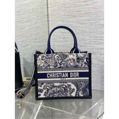 Dior Small Book Tote Bag With Strap in Toile de Jouy Sauvage Embroidery With Blue Calfskin CDBS2849