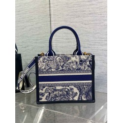 Dior Small Book Tote Bag With Strap in Toile de Jouy Sauvage Embroidery With Blue Calfskin CDBS2849