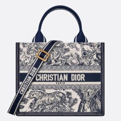 Dior Small Book Tote Bag With Strap in Toile de Jouy Sauvage Embroidery With Blue Calfskin CDBS2849