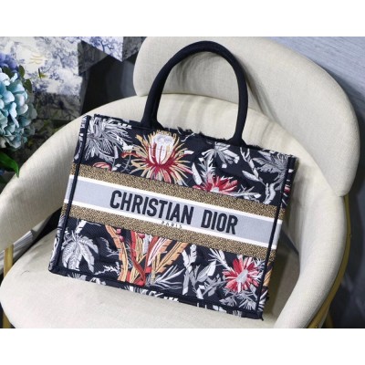 Dior Small Book Tote In Black Camouflage With Flowers CDBS2853