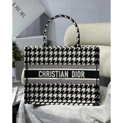 Dior Small Book Tote In Black Houndstooth Embroidery CDBS2854