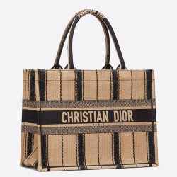 Dior Small Book Tote In Black and Beige Bayadere Embroidered CDBS2852