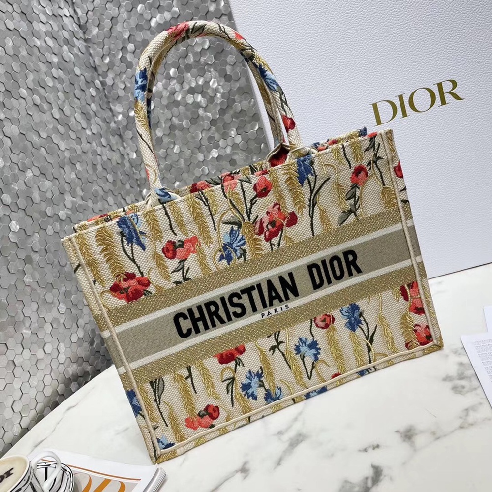 Dior Small Book Tote In Hibiscus Metallic Thread Embroidery CDBS2860