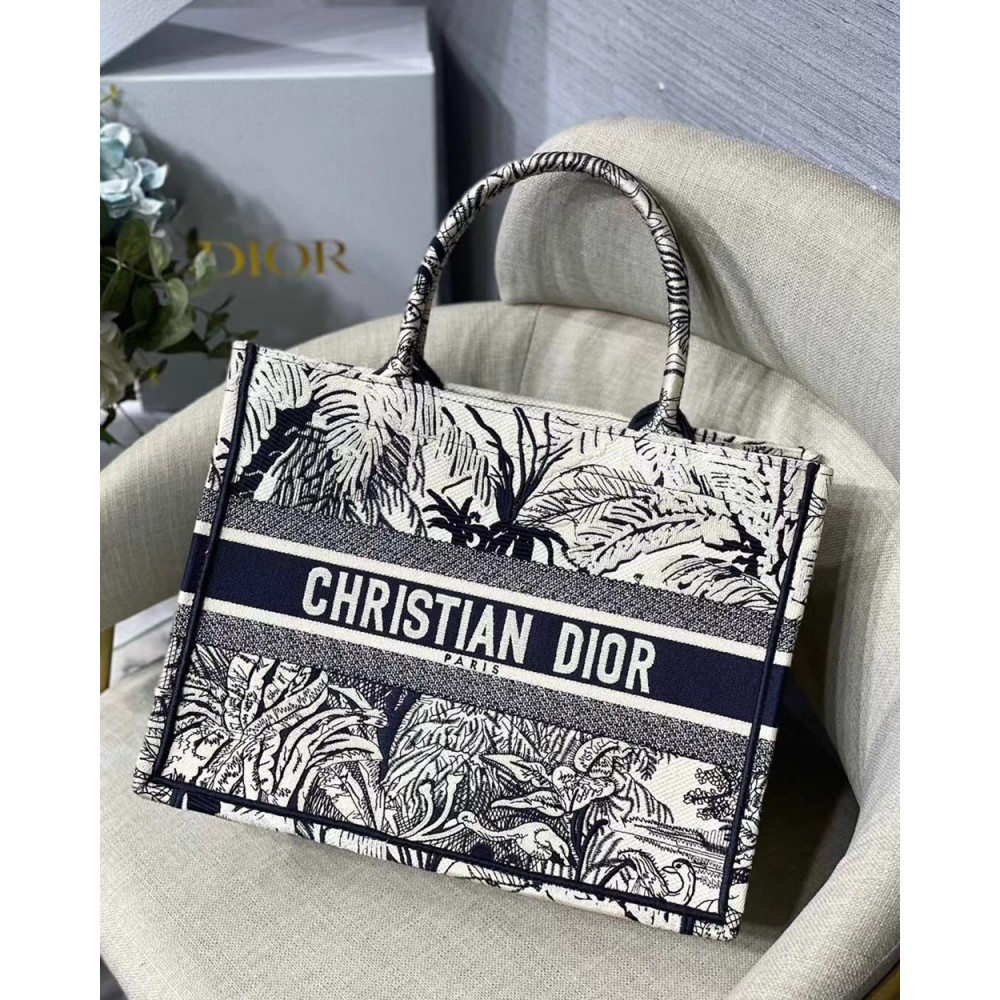 Dior Small Dior Book Tote In Blue Toile de Jouy Palms Embroidery CDBS2883